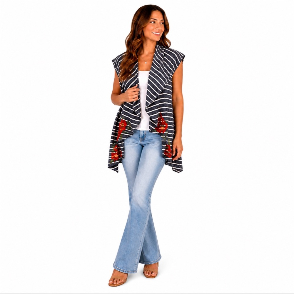 THML Striped Draped Open Front Vest with Red Floral Embroidery Size: Large